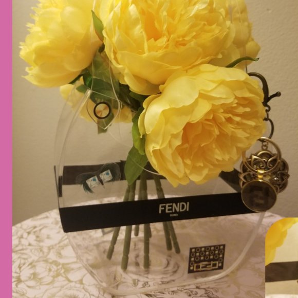 Acrylic Designer Upcycled Fendi Vase with Upcycled Fendi Keychain - Picture 1 of 3